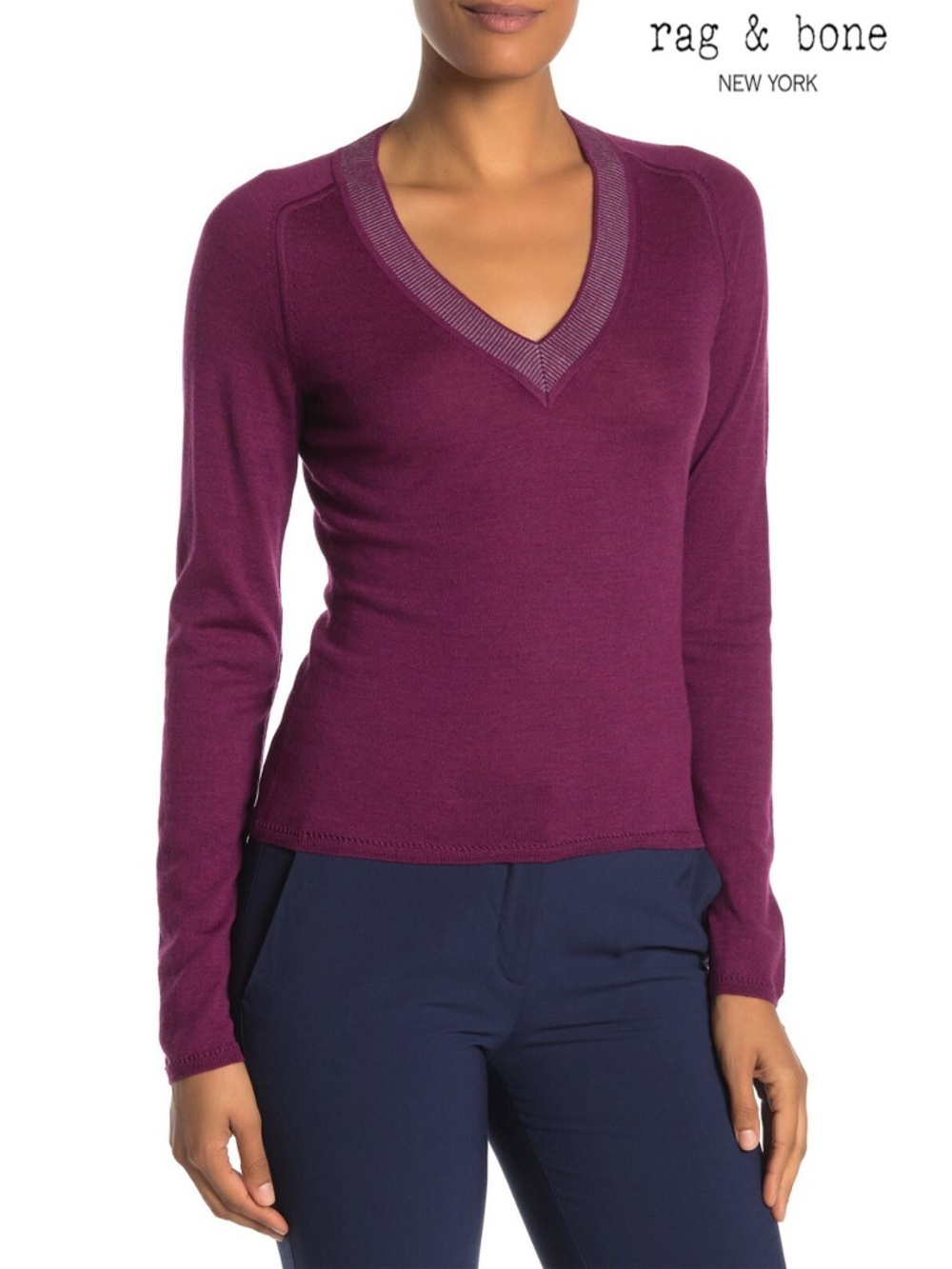 RAG & BONE WOMEN NWT PAMELA V-NECK 100% MERINO WOOL MAGENTA SWEATER. SIZE S
